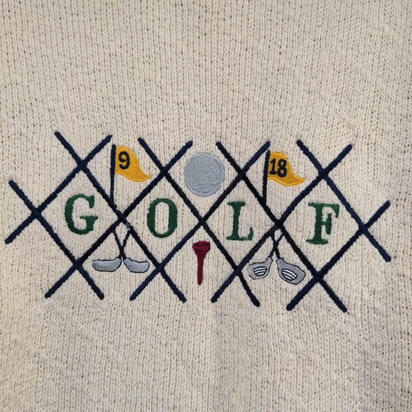 Knights Bridge Men's Spell Out Golf Sweater Cream Medium Embroidered Pullover - Picture 5 of 14